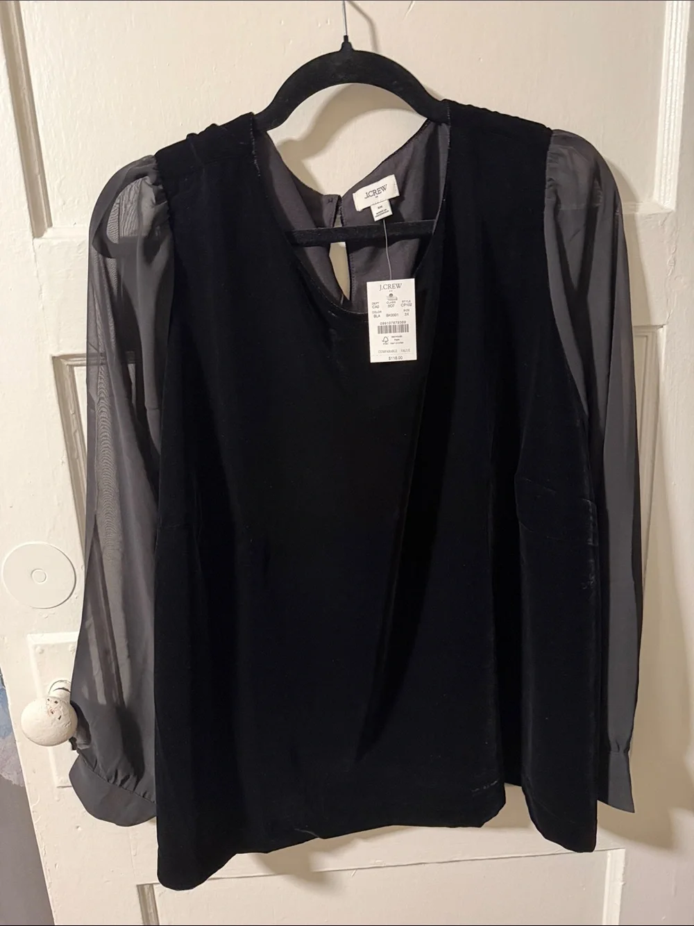 J.Crew Velvet Puff Sleeve Top Black Blouse 3X Plus Size